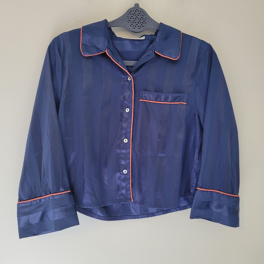 Intimately Free People Blue Satin Cropped Pajama Top